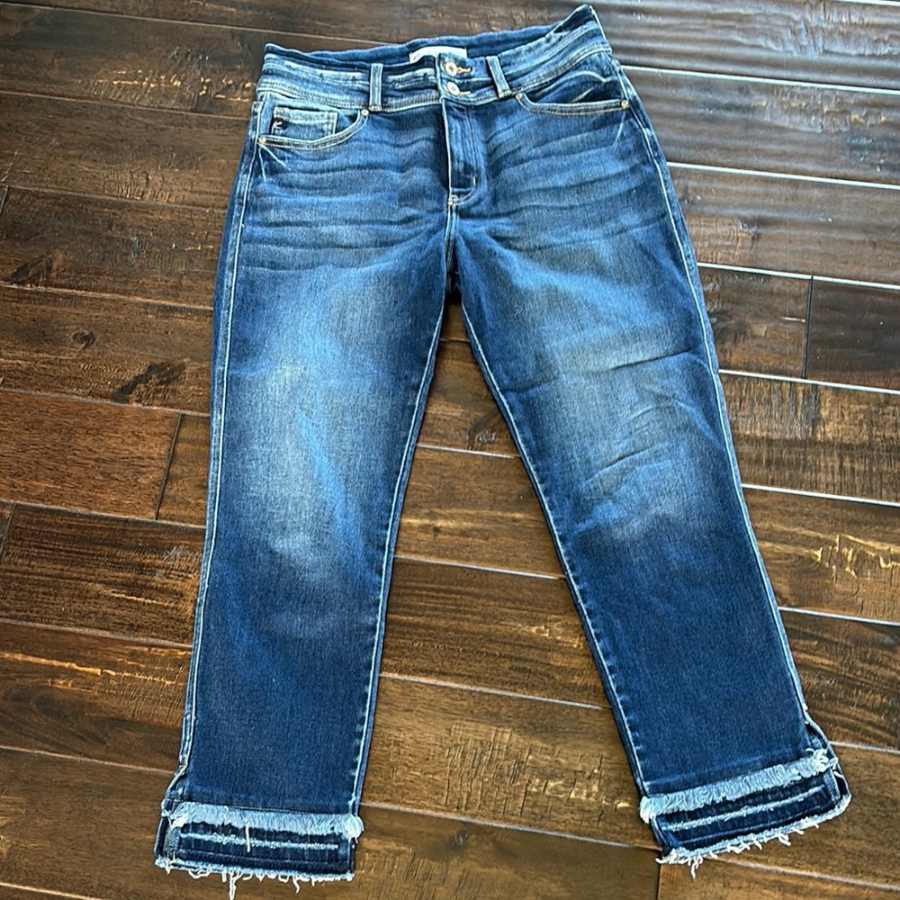 KanCan Blue Ankle Cropped Jeans with Distressed Details